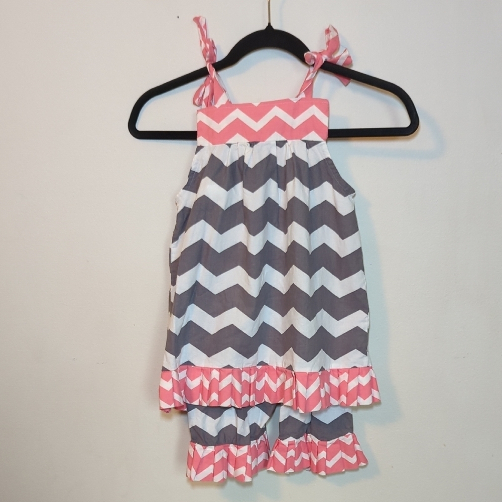 Handmade Girls Chevron Set Ruffle Pants Tie-Strap Top Pink Gray White ~Size 7
